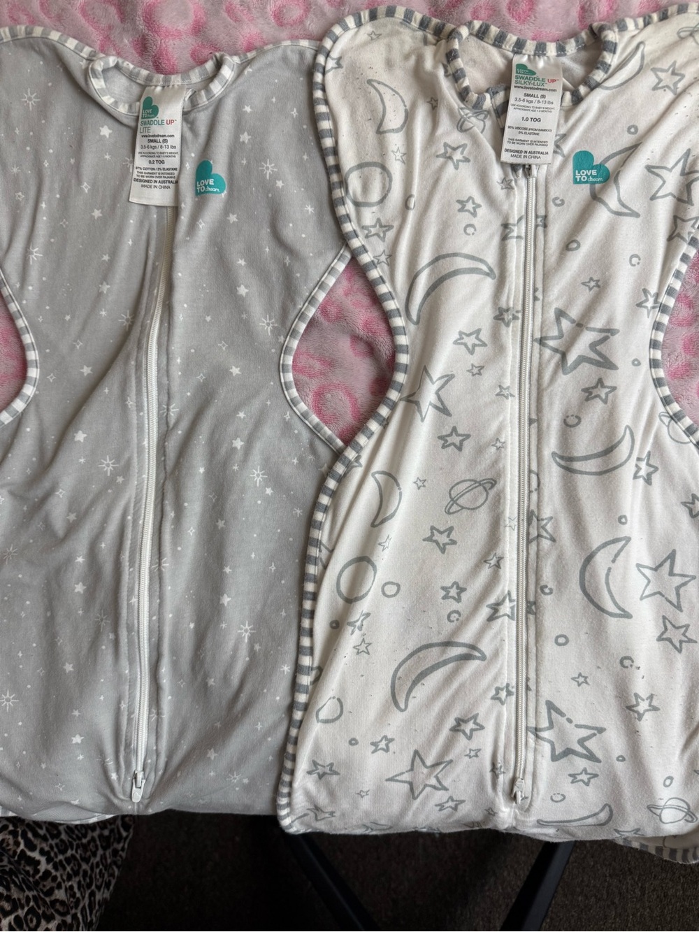 Love to Dream Baby Swaddle Sacks in Gray and White Celestial Prints